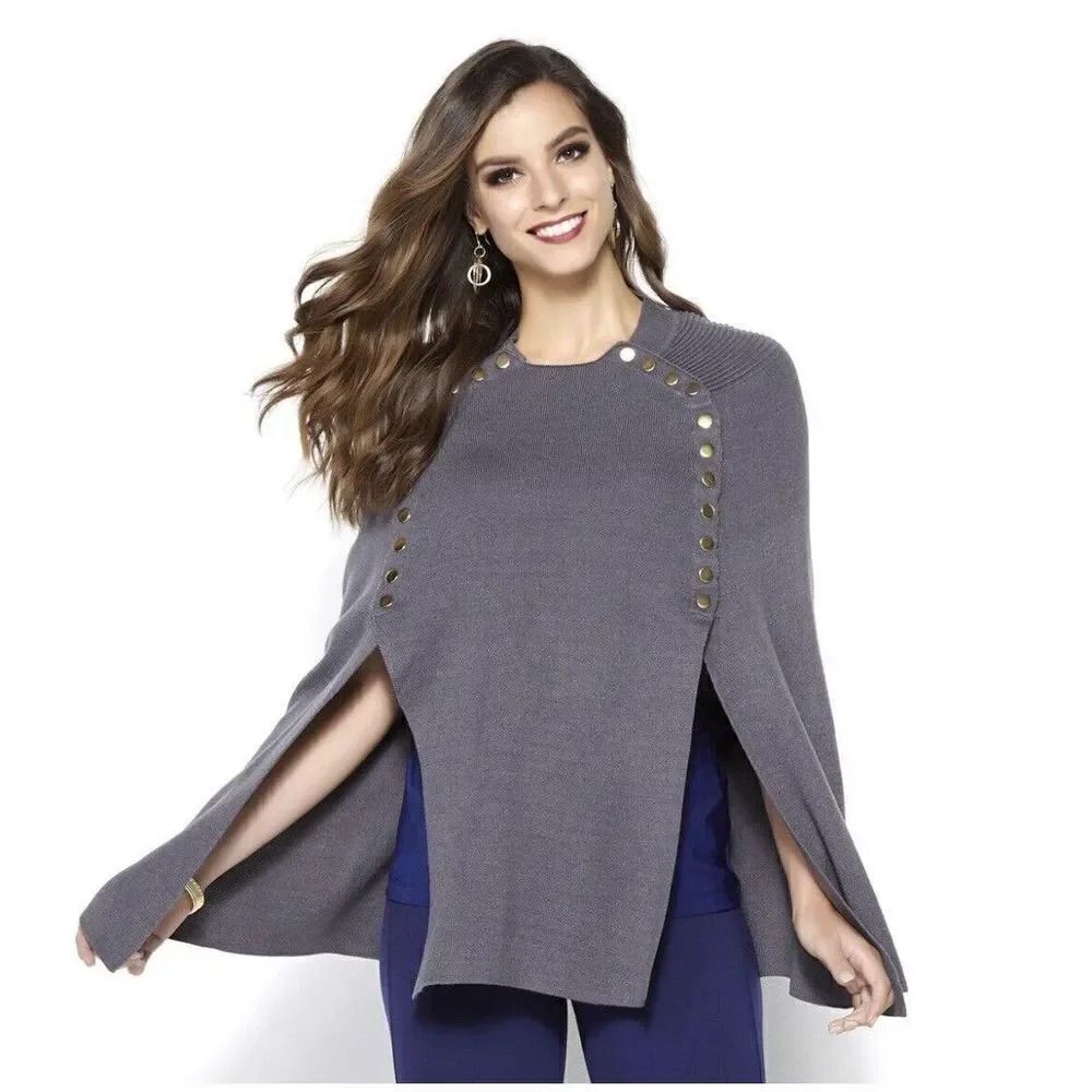 IMAN Global Chic Touch of Gold Knit Draped Luxe Gray Poncho Women’s Size 2X/3X‎